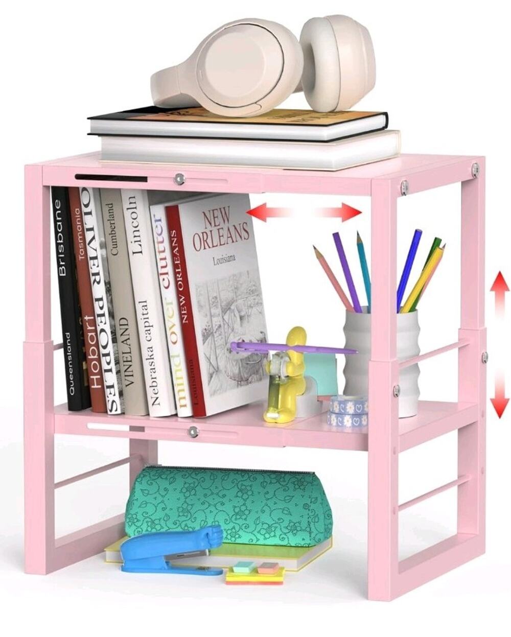 Locker Organizer Shelf Pink, Adjustable Width and Height, Stackable Metal Locker